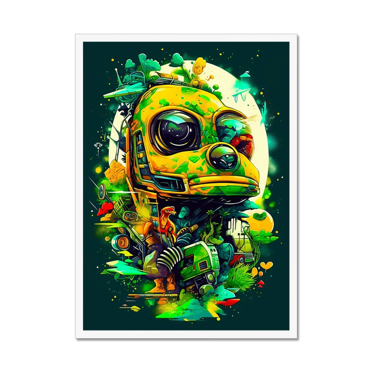 Mechanical Muse: Vibrant Graffiti Odyssey in Surreal Auto Wonderland Framed Print - D'Sare