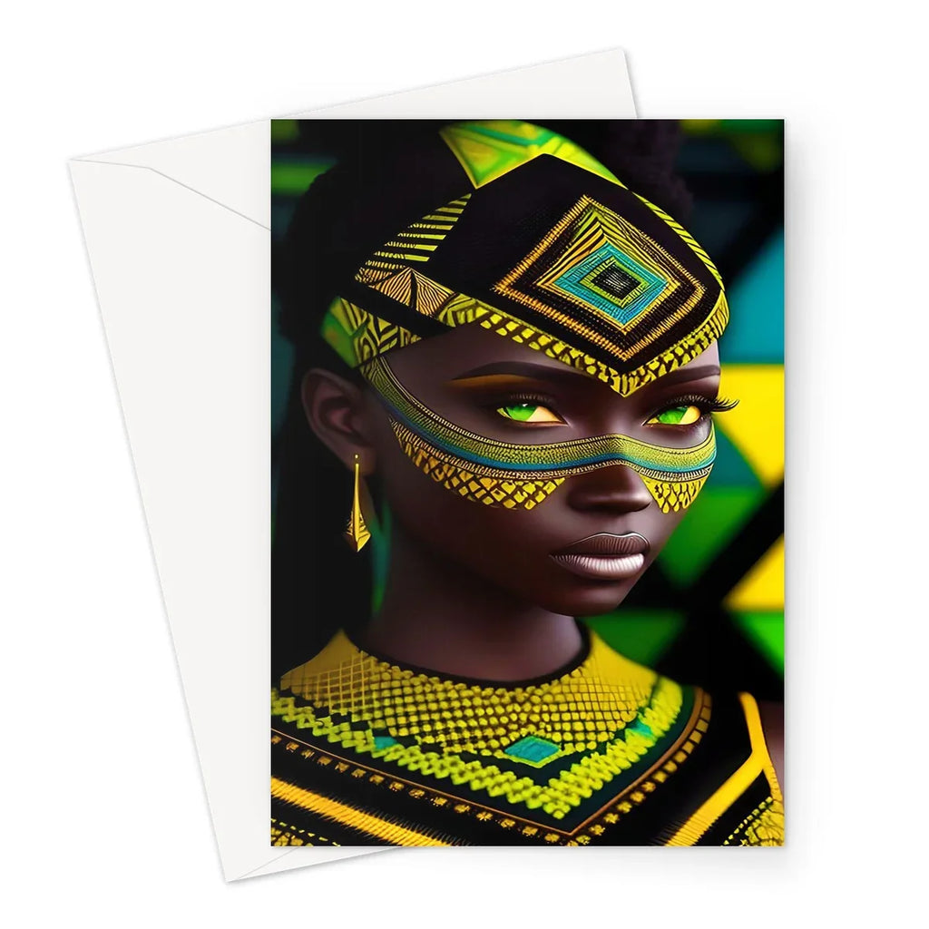 Vibrant Afro Essence Artwork - African Woman in Black, Green, Yellow & Blue Greeting Card - D'Sare