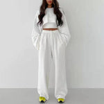 Fashion pullover long-sleeved navel sweater + suspender straight-leg wide-leg pants three-piece set - D'Sare 