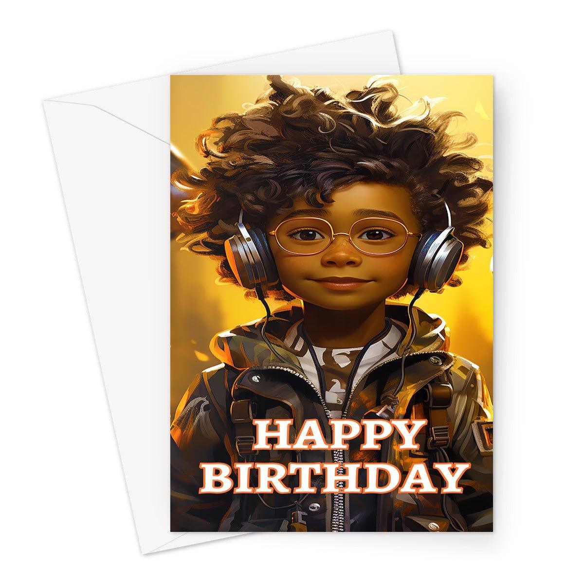 Little Boy Dino Dream Earphone: MelanatedMe Adventures by D'Sare Greeting Card - D'Sare 