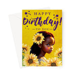 “Charming Sunflower Birthday Card for Little Girls - Vibrant Yellow & Purple Design with Joyful Wishes Greeting Card