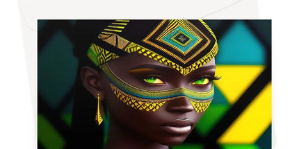 Vibrant Afro Essence Artwork - African Woman in Black, Green, Yellow & Blue Greeting Card - D'Sare