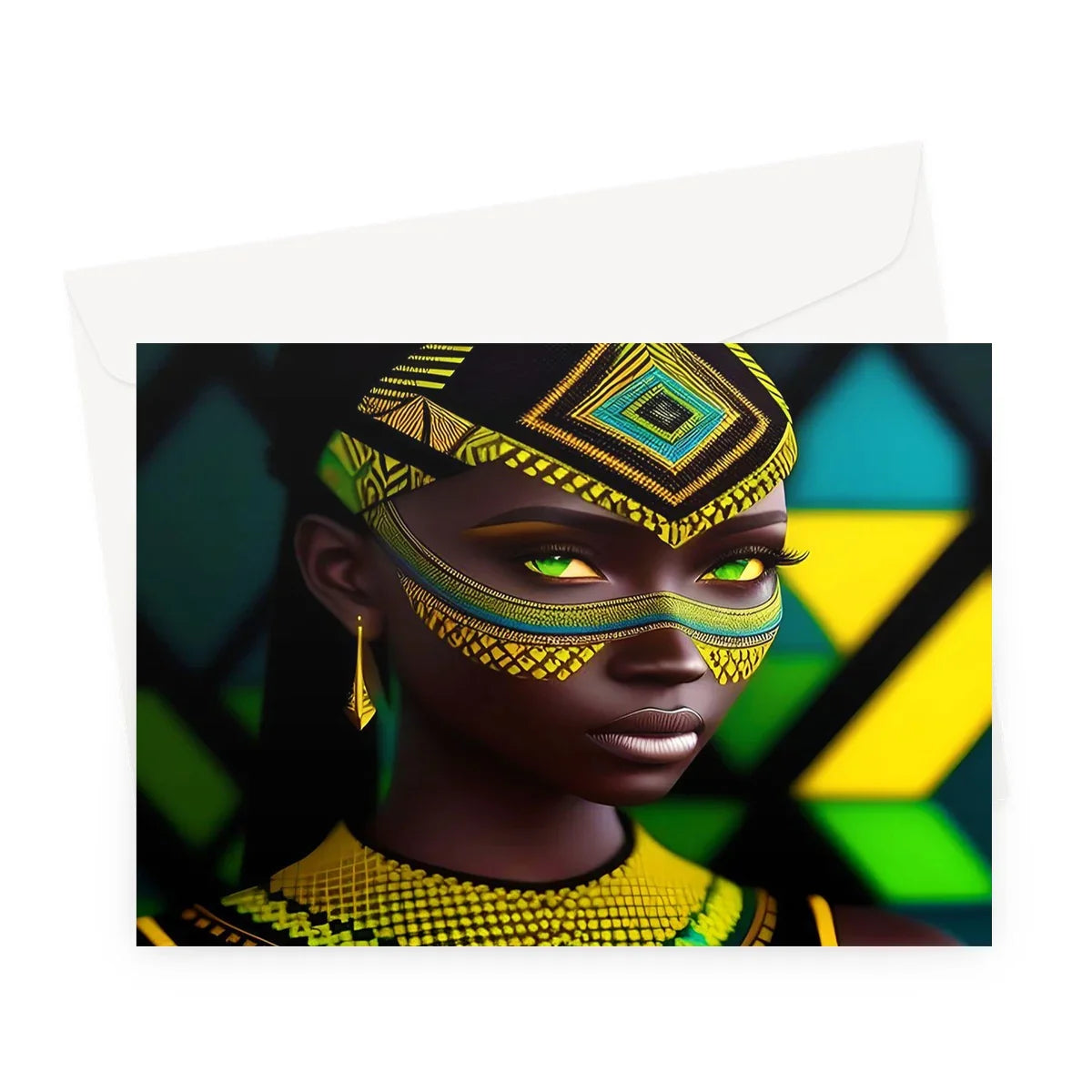 Vibrant Afro Essence Artwork - African Woman in Black, Green, Yellow & Blue Greeting Card - D'Sare