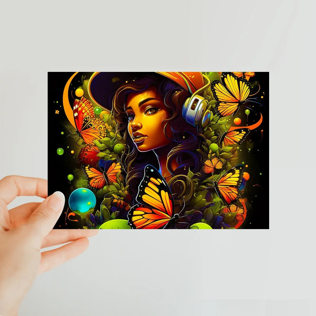 Urban Girl Neon Butterfly Headphone Pop Classic Postcard by Prodigi