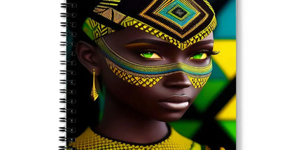 Vibrant Afro Essence Artwork - African Woman in Black, Green, Yellow & Blue Notebook by Prodigi