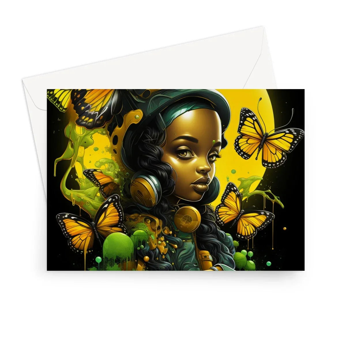 Monarch Butterfly Urban Fantasy Art Print - Afrofuturistic Girl with Butterflies Greeting Card - D'Sare