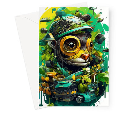 Nature's Resilience: Surreal Auto-Forest Artwork - Whimsical Raccoon and Greenery Infused Car  Greeting Card - D'Sare