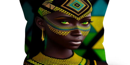 Vibrant Afro Essence Artwork - African Woman in Black, Green, Yellow & Blue Cushion - D'Sare