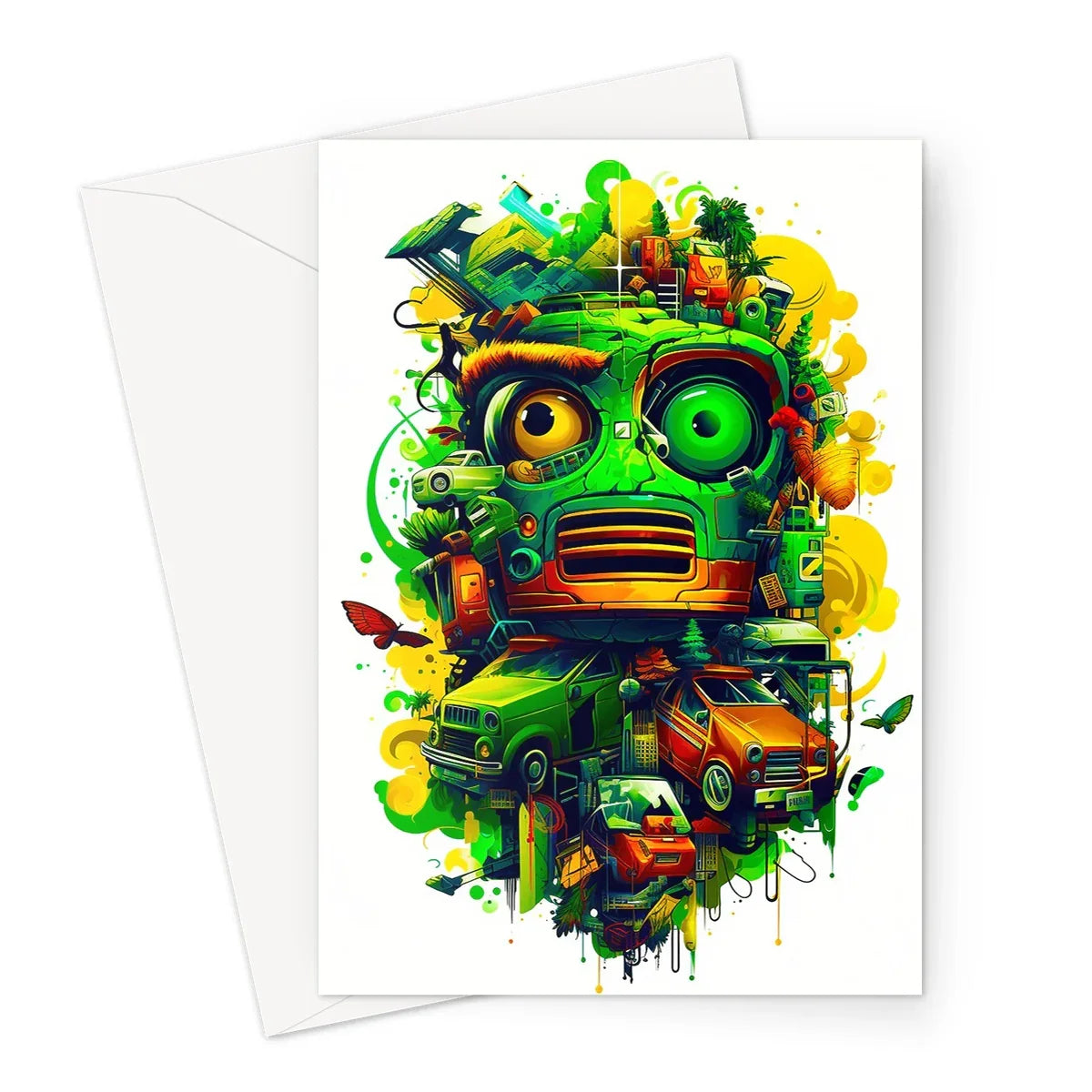 Graffiti Odyssey Surreal Urban Jungle Car Junk Yard Greeting Card by D'Sare