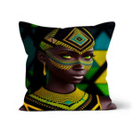 Vibrant Afro Essence Artwork - African Woman in Black, Green, Yellow & Blue Cushion