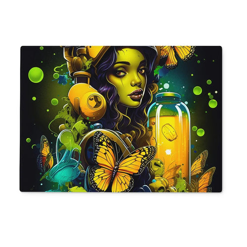 Bioluminescent Dreams | Monarch Butterfly Alchemist | Vibrant Fantasy Glass Chopping Board by D'Sare