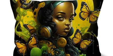 Monarch Butterfly Urban Fantasy Art Print - Afrofuturistic Girl with Butterflies Cushion - D'Sare