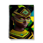 Vibrant Afro Essence Artwork - African Woman in Black, Green, Yellow & Blue Notebook