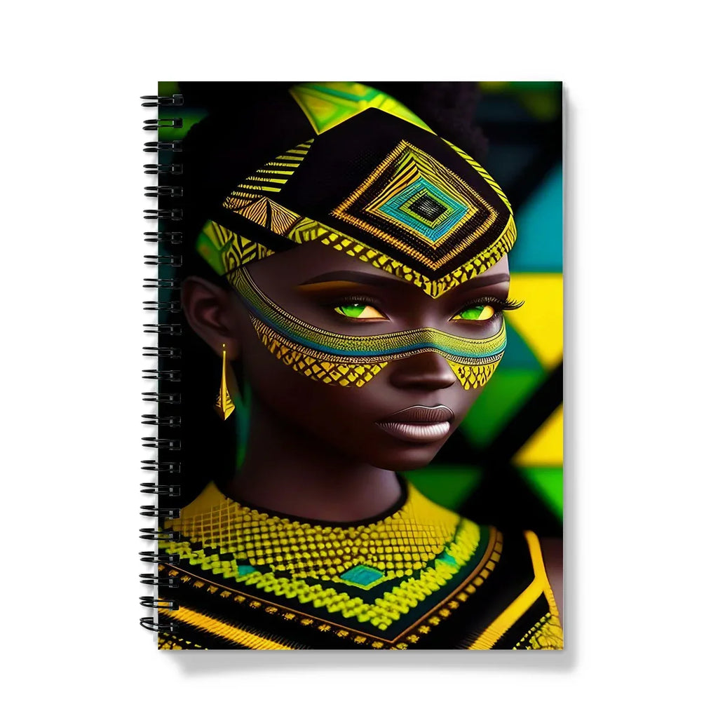 Vibrant Afro Essence Artwork - African Woman in Black, Green, Yellow & Blue Notebook - D'Sare