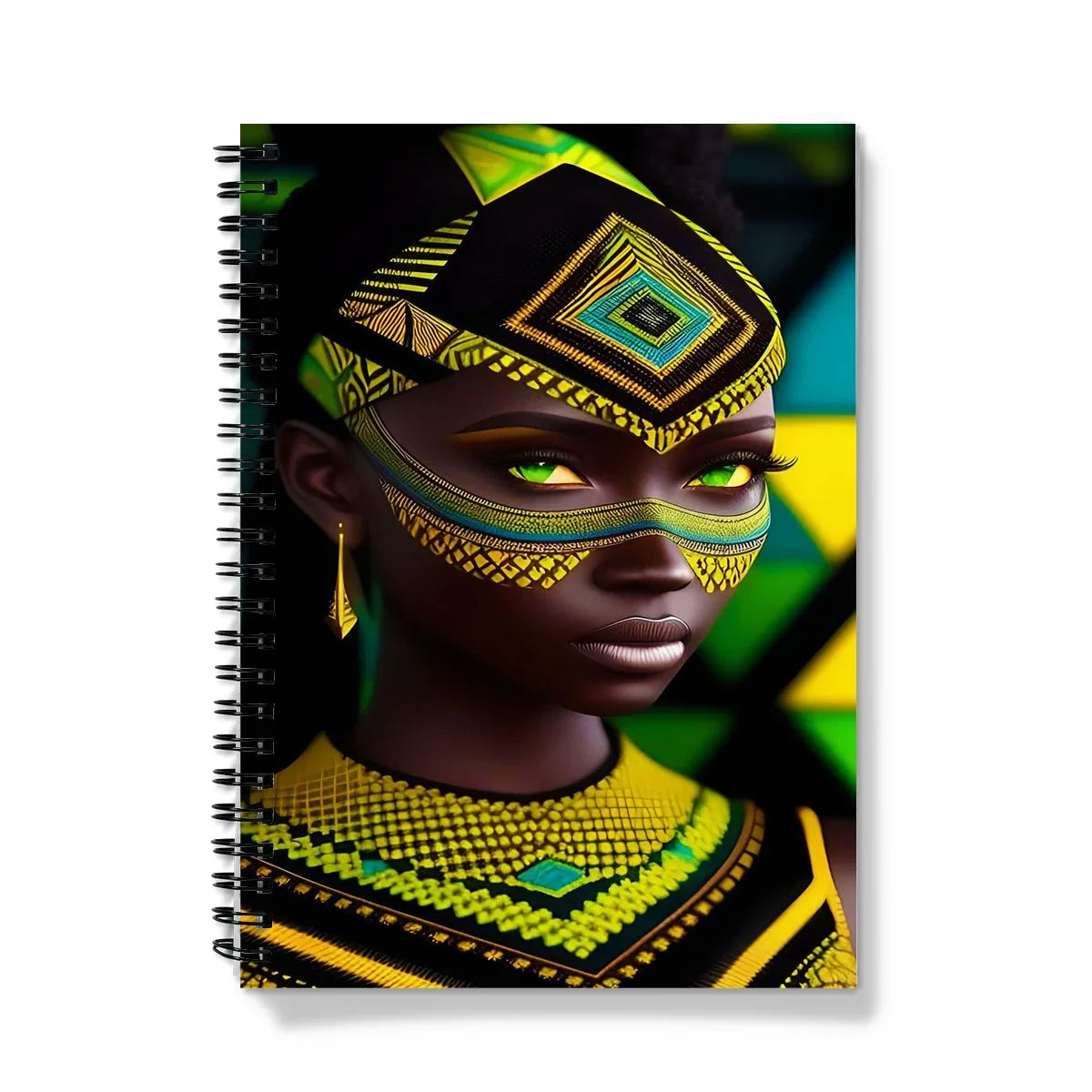 Vibrant Afro Essence Artwork - African Woman in Black, Green, Yellow & Blue Notebook by Prodigi