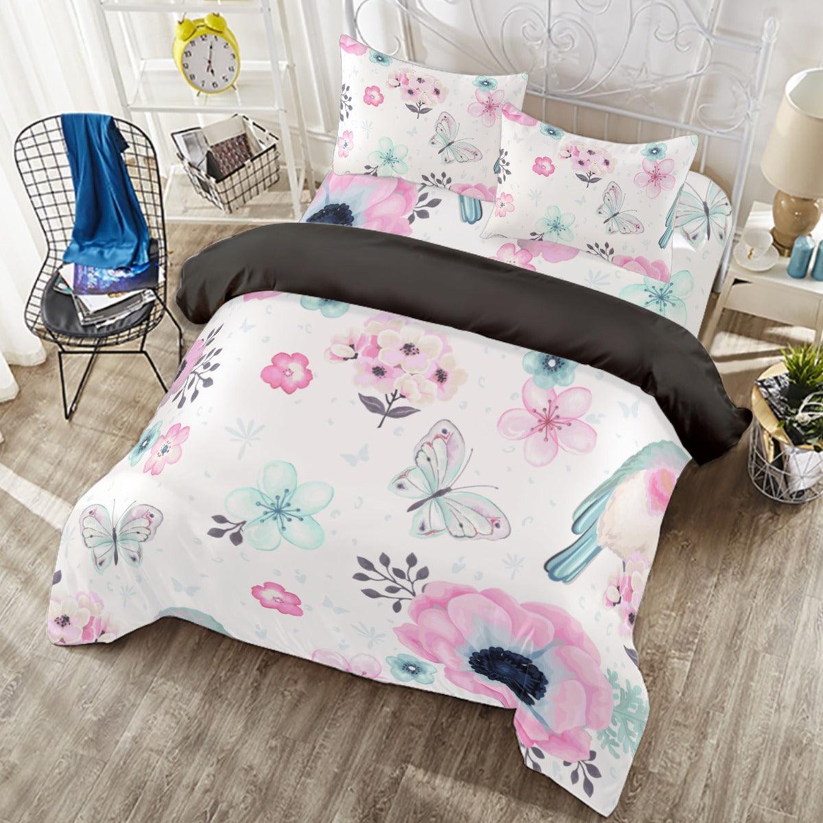 Butterfly Flowers Pink and Blue Robin Four-piece Duvet Cover Set - D'Sare 