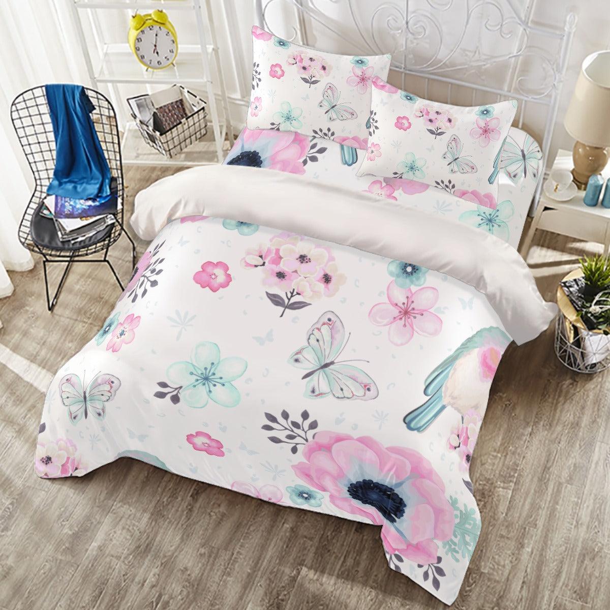 Butterfly Flowers Pink and Blue Robin Four-piece Duvet Cover Set - D'Sare 