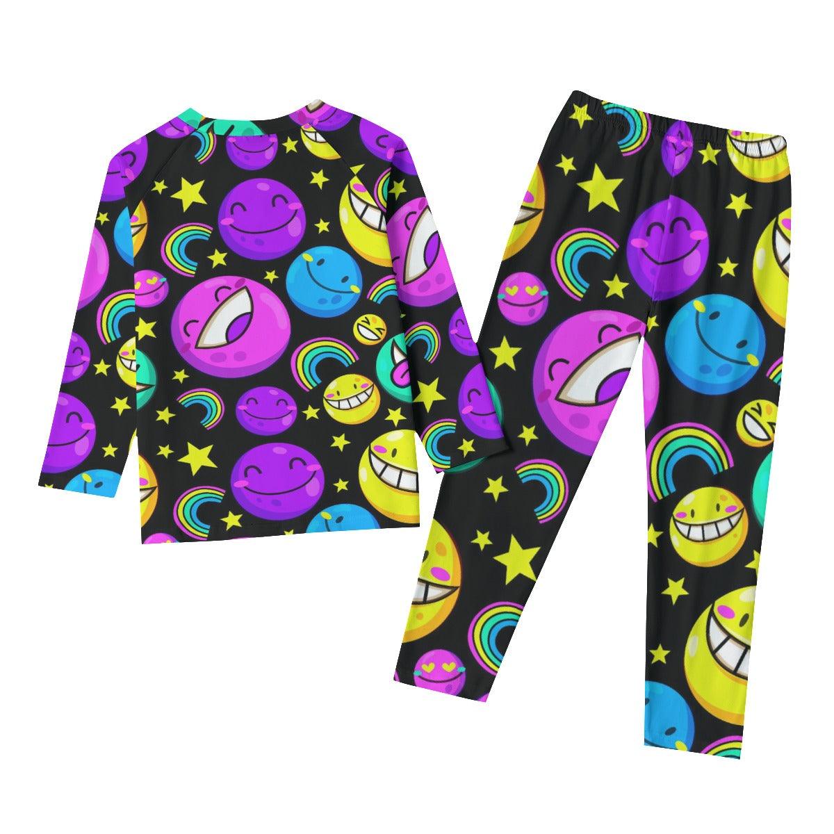 Children's Smiley Face Moon Raglan Sleeve Pajamas With Wide Ankles - D'Sare 