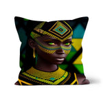 Vibrant Afro Essence Artwork - African Woman in Black, Green, Yellow & Blue Cushion
