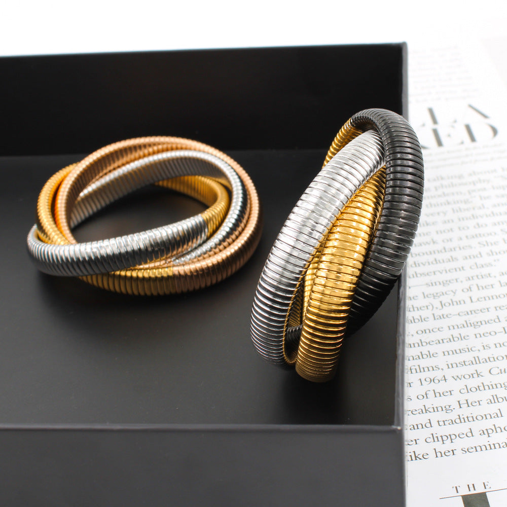 Tri-Layer Elegance - 18K Gold-Plated Stainless Steel Elastic Bracelet