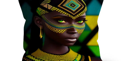 Vibrant Afro Essence Artwork - African Woman in Black, Green, Yellow & Blue Cushion - D'Sare