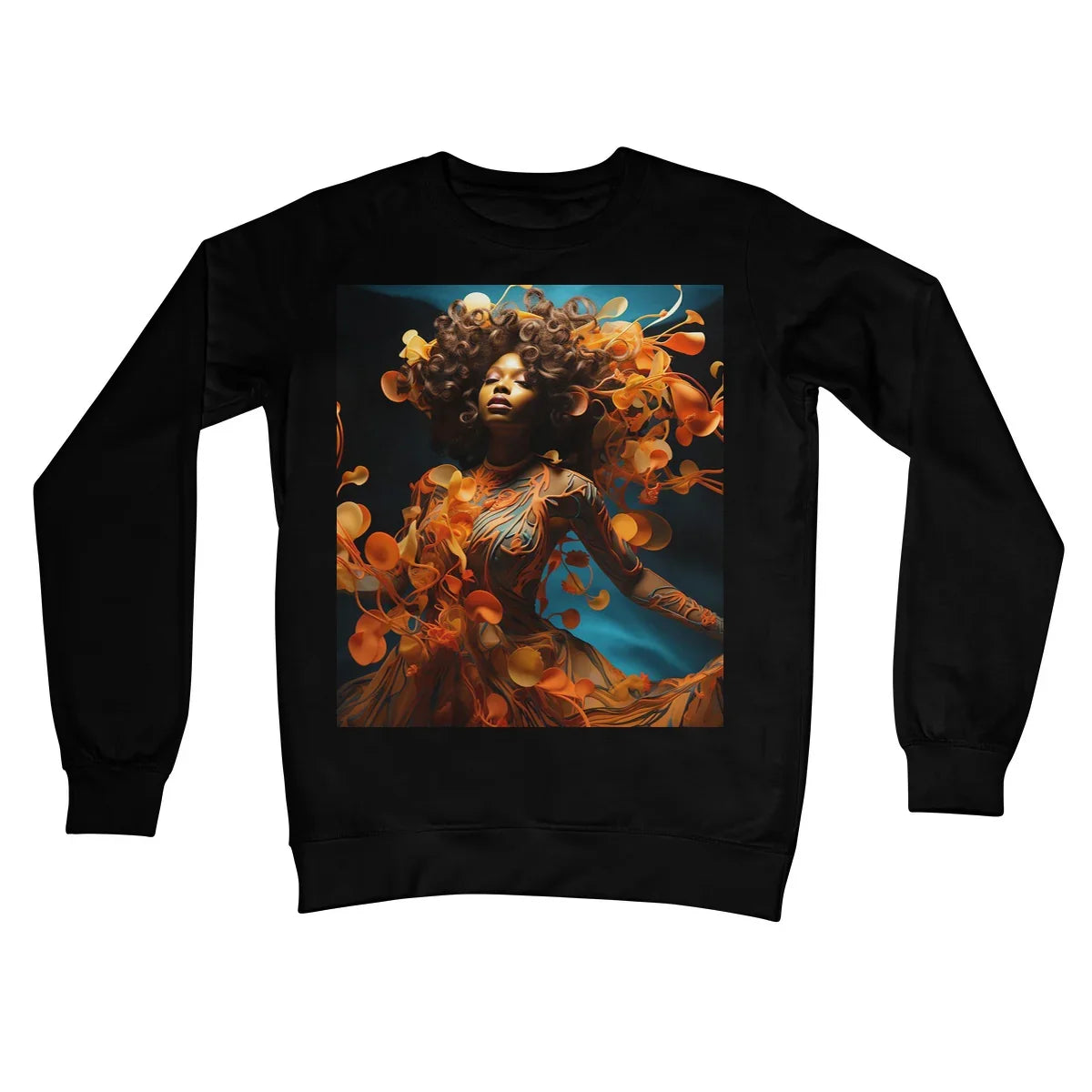 Orange Flower Goddess Blue Crew Neck Sweatshirt by Prodigi