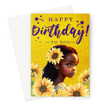 “Charming Sunflower Birthday Card for Little Girls - Vibrant Yellow & Purple Design with Joyful Wishes Greeting Card