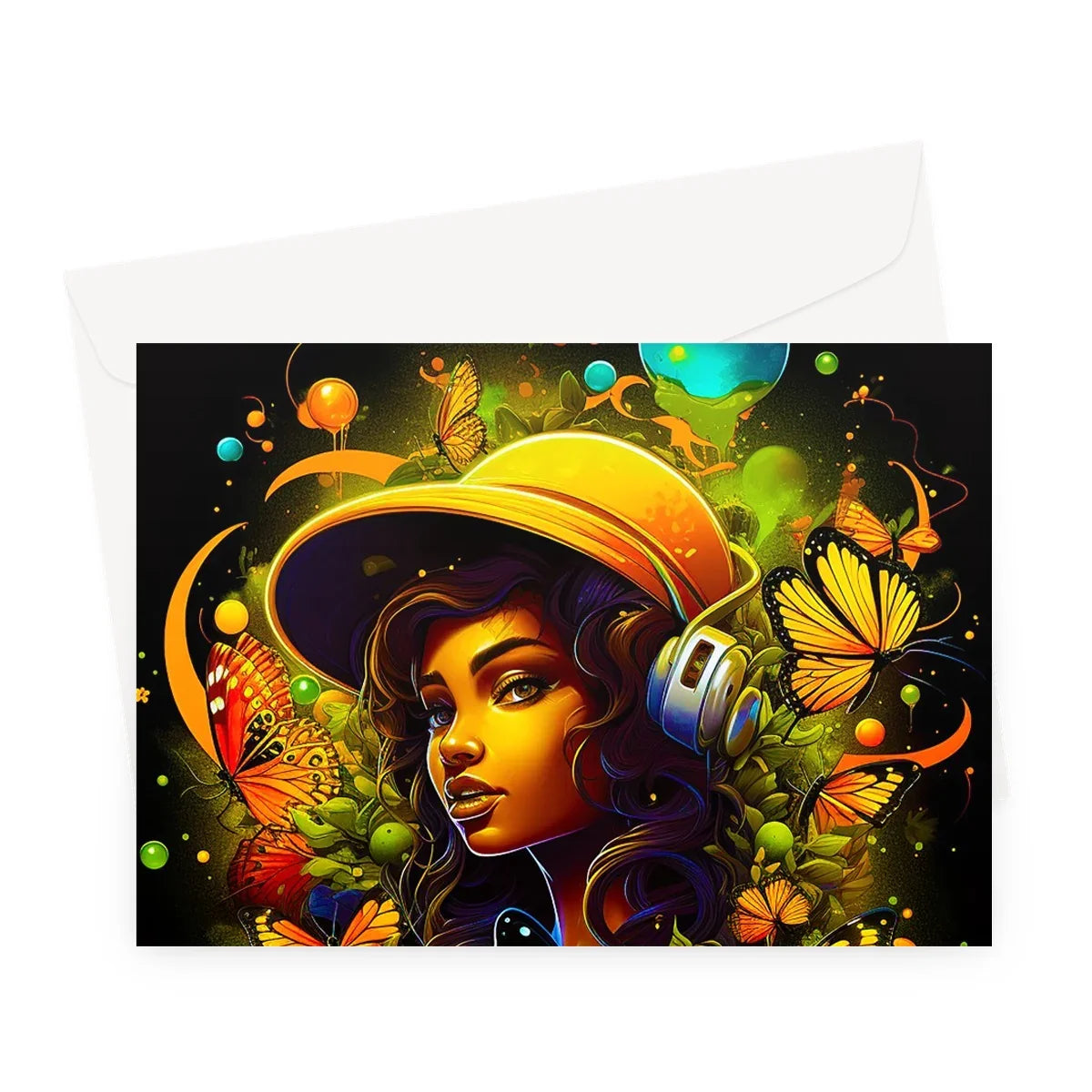 Urban Girl Neon Butterfly Headphone Pop Greeting Card - D'Sare