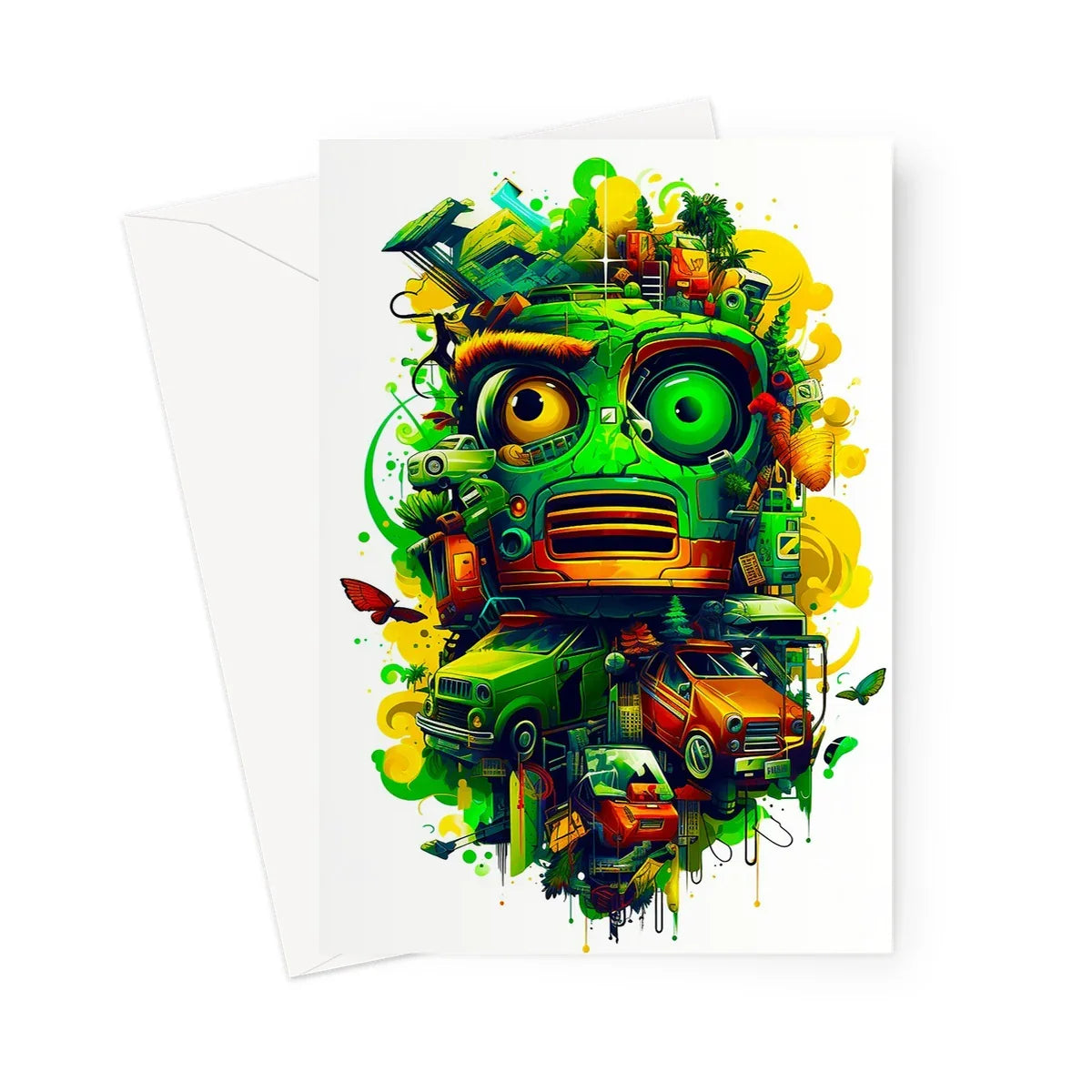 Graffiti Odyssey Surreal Urban Jungle Car Junk Yard Greeting Card - D'Sare