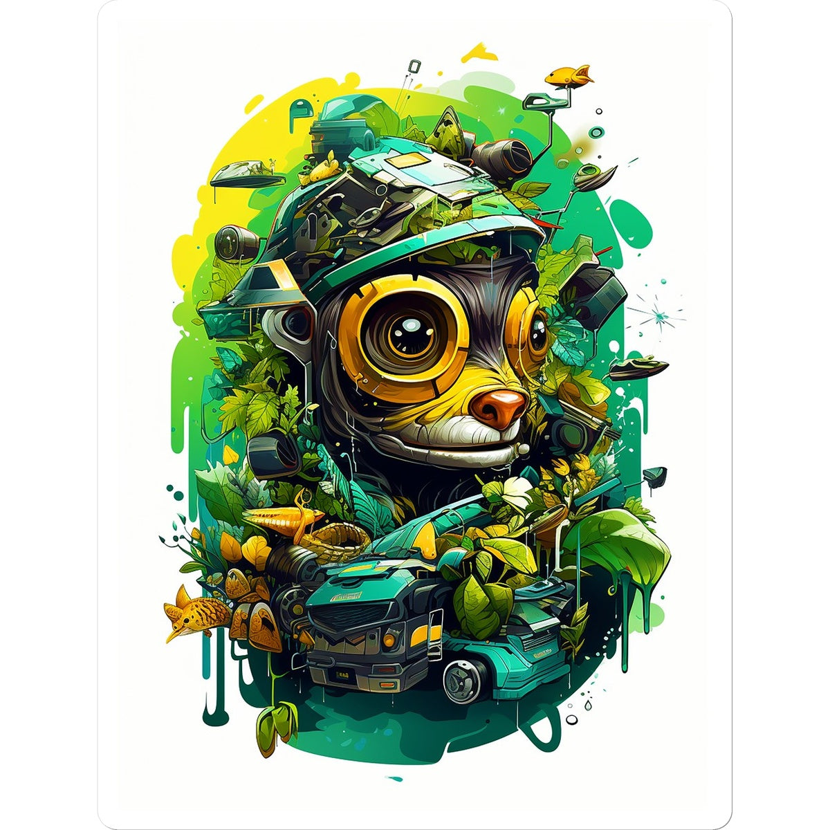 Nature's Resilience: Surreal Auto-Forest Artwork - Whimsical Raccoon and Greenery Infused Car  Sticker