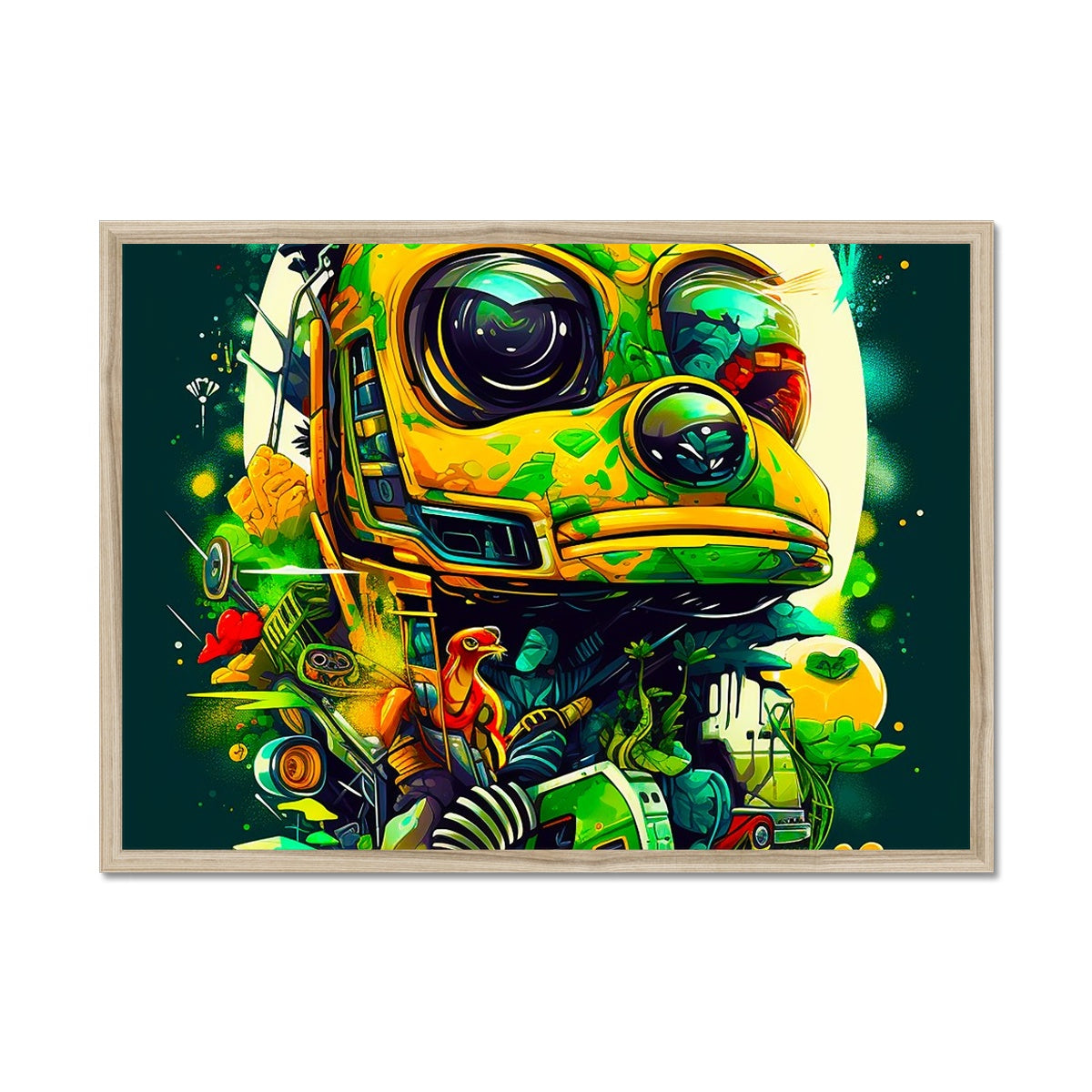 Mechanical Muse: Vibrant Graffiti Odyssey in Surreal Auto Wonderland Framed Print
