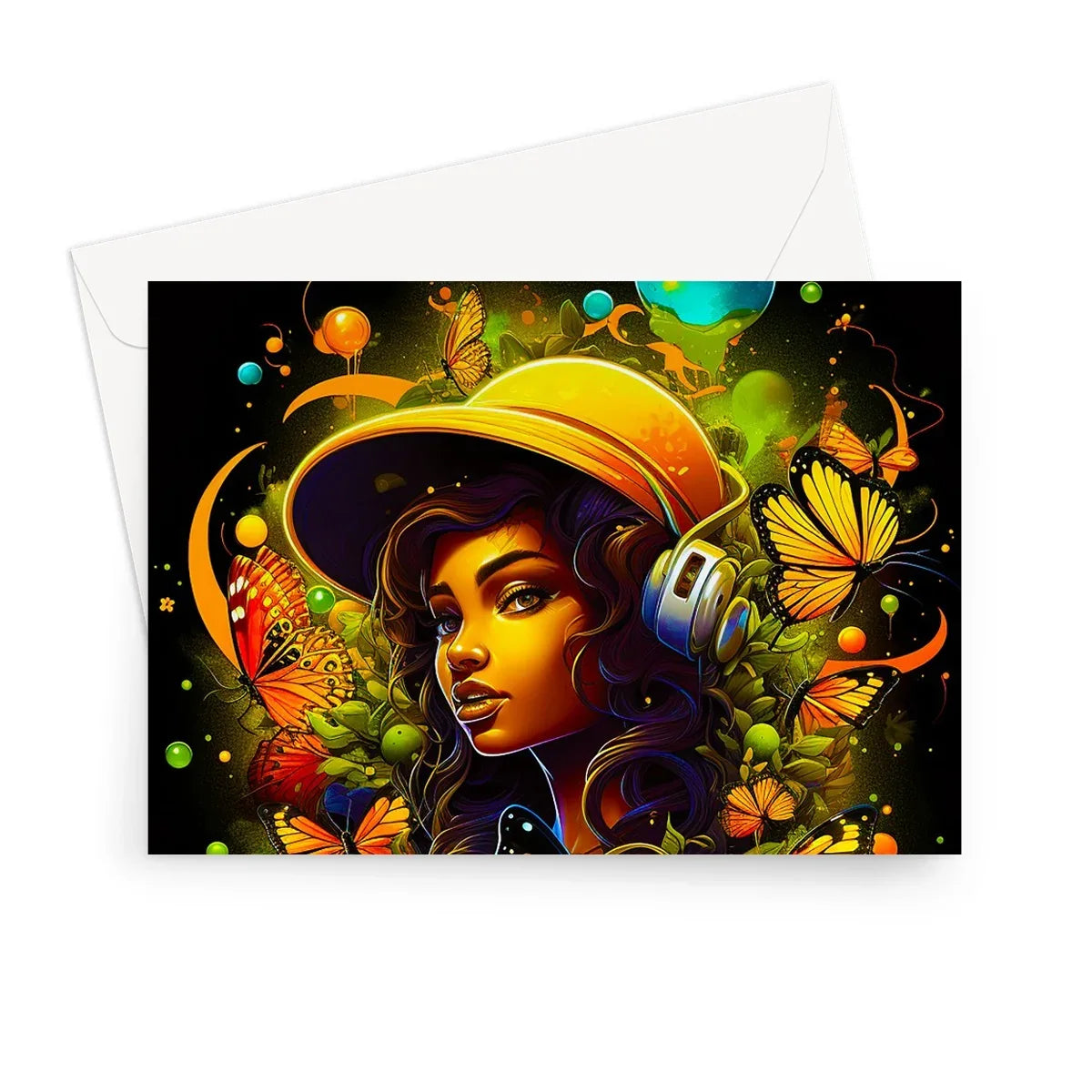 Urban Girl Neon Butterfly Headphone Pop Greeting Card - D'Sare