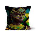 Vibrant Afro Essence Artwork - African Woman in Black, Green, Yellow & Blue Cushion by Prodigi