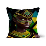 Vibrant Afro Essence Artwork - African Woman in Black, Green, Yellow & Blue Cushion