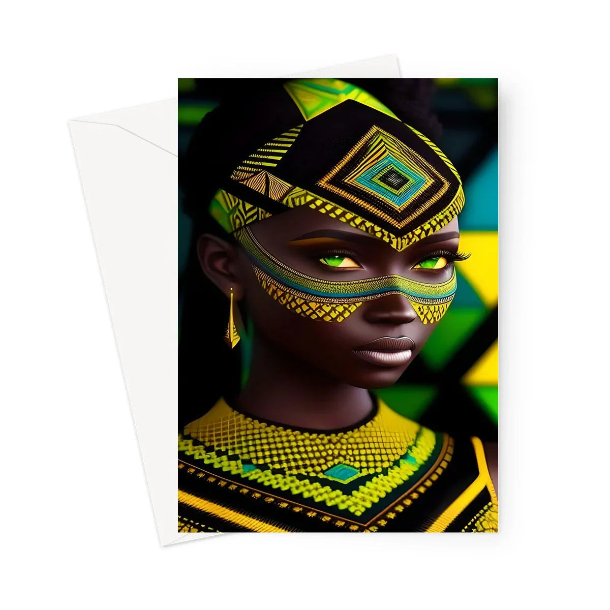 Vibrant Afro Essence Artwork - African Woman in Black, Green, Yellow & Blue Greeting Card - D'Sare