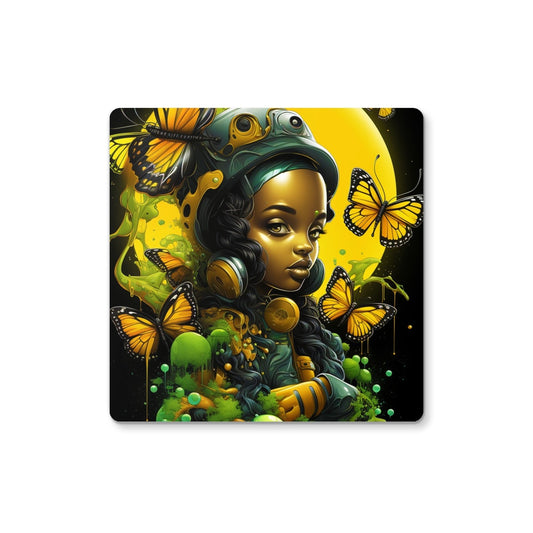 Monarch Butterfly Urban Fantasy Art Print - Afrofuturistic Girl with Butterflies Coaster
