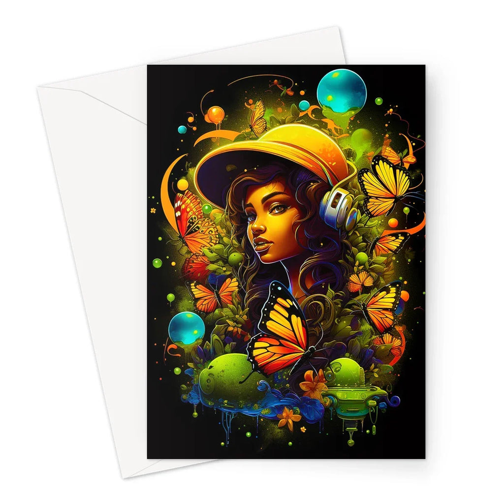 Urban Girl Neon Butterfly Headphone Pop Greeting Card - D'Sare