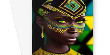 Vibrant Afro Essence Artwork - African Woman in Black, Green, Yellow & Blue Greeting Card - D'Sare