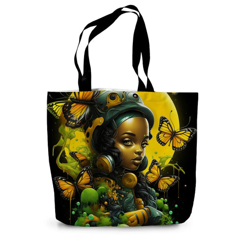 Afrofuturistic Girl with Butterflies Canvas Tote Bag by Prodigi