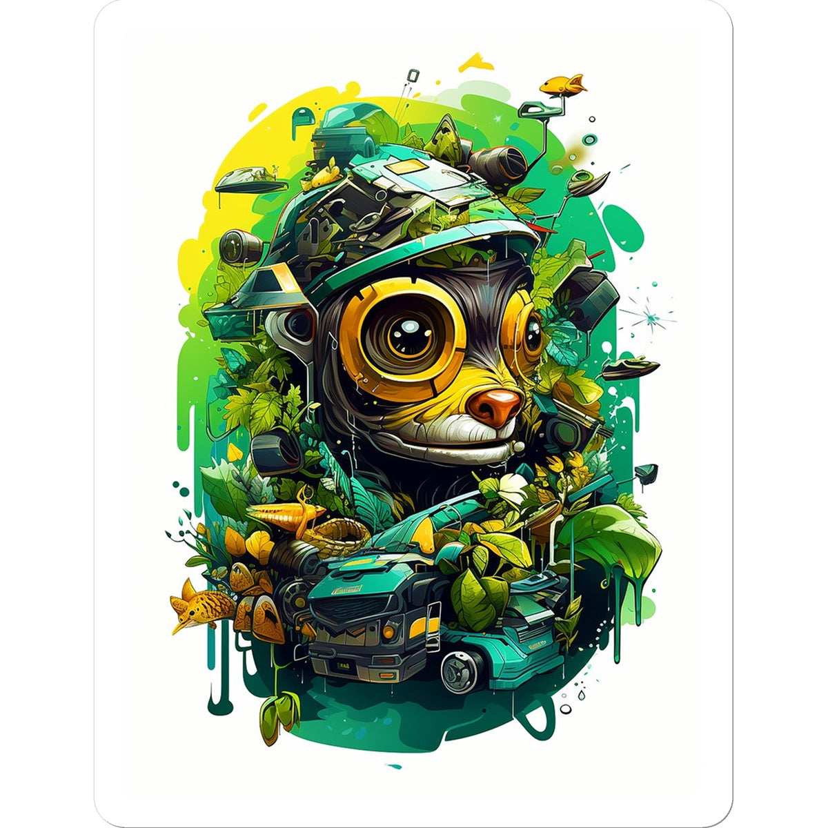Nature's Resilience: Surreal Auto-Forest Artwork - Whimsical Raccoon and Greenery Infused Car  Sticker