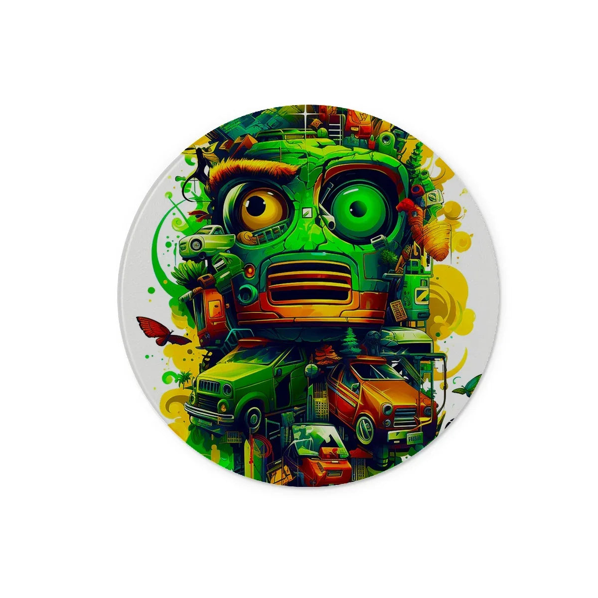 Graffiti Odyssey Surreal Urban Jungle Car Junk Yard Glass Chopping Board by Prodigi