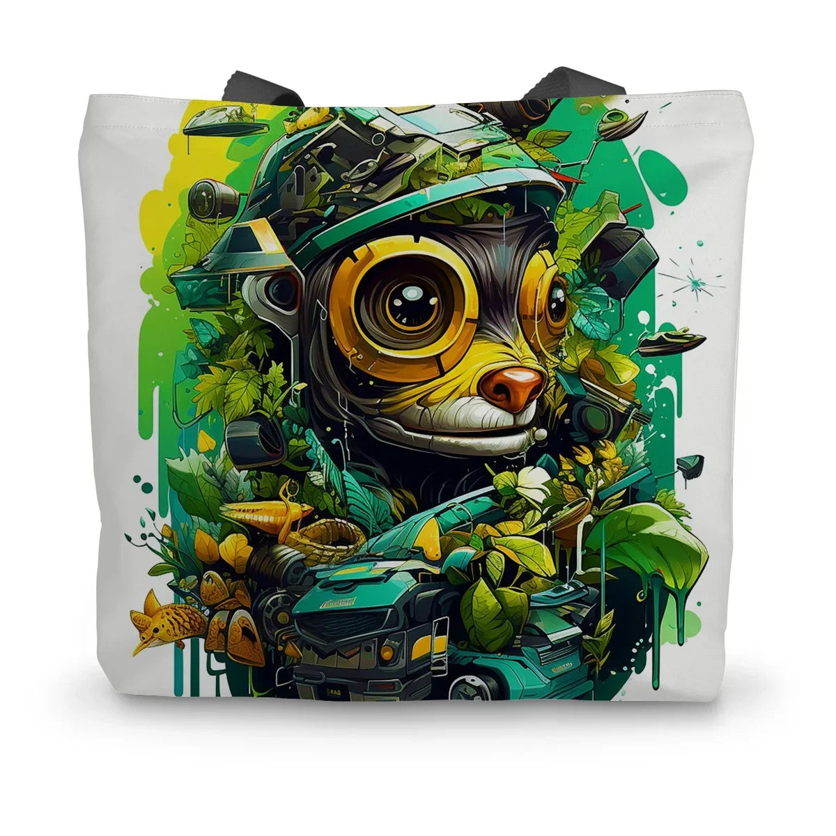 Nature's Resilience: Surreal Auto-Forest Artwork - Whimsical Raccoon and Greenery Infused Car Canvas Tote Bag by Prodigi