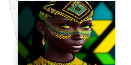 Vibrant Afro Essence Artwork - African Woman in Black, Green, Yellow & Blue Greeting Card - D'Sare