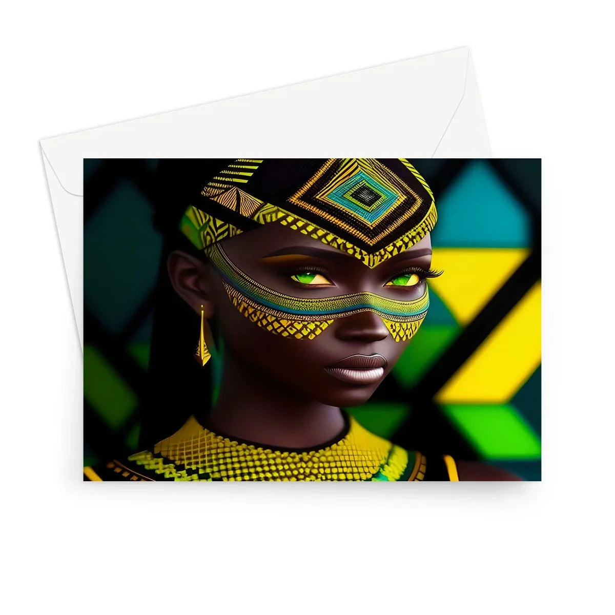 Vibrant Afro Essence Artwork - African Woman in Black, Green, Yellow & Blue Greeting Card - D'Sare