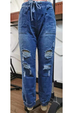 Women's Jeans With Ripped Drawstring Elastic Waist And Washed - D'Sare 