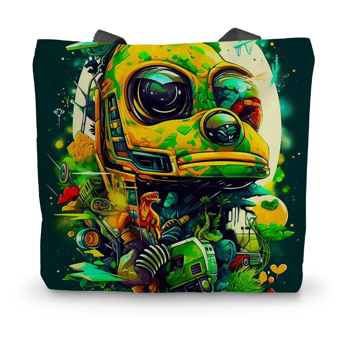 Mechanical Muse: Vibrant Graffiti Odyssey in Surreal Auto Wonderland Canvas Tote Bag by Prodigi