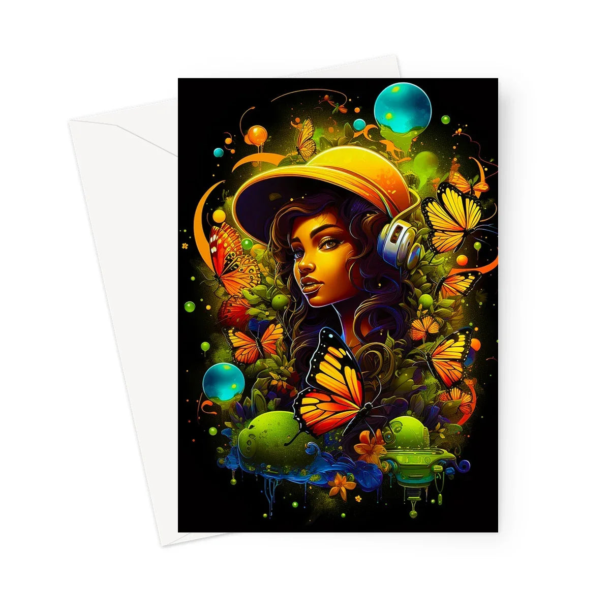 Urban Girl Neon Butterfly Headphone Pop Greeting Card - D'Sare