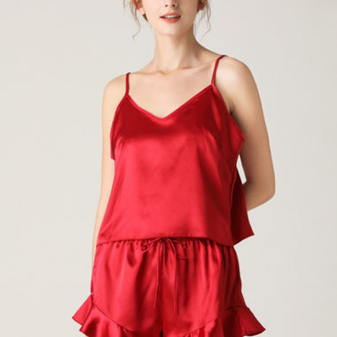 Women's Solid Color V-Neck Camisole + Shorts Pajamas Two-Piece Set