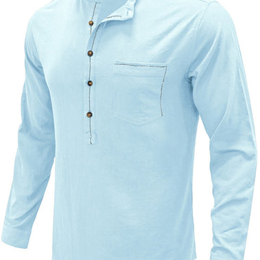 Men's woven solid color long-sleeved cotton and linen shirt