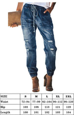 Women's Jeans With Ripped Drawstring Elastic Waist And Washed - D'Sare 
